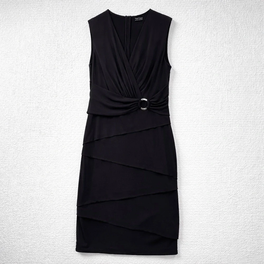White House Black Market Black Sleeveless V Neck Tiered Sheath Dress‎
